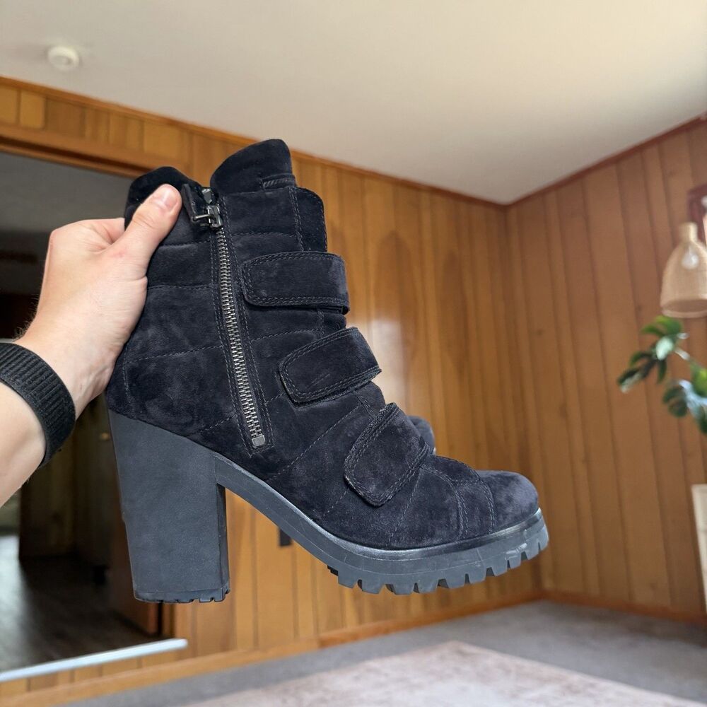 Vintage Prada Moto Boots Black Suede Buckle Strap Lug Sole Women Eu 40.5 - Picture 13 of 16